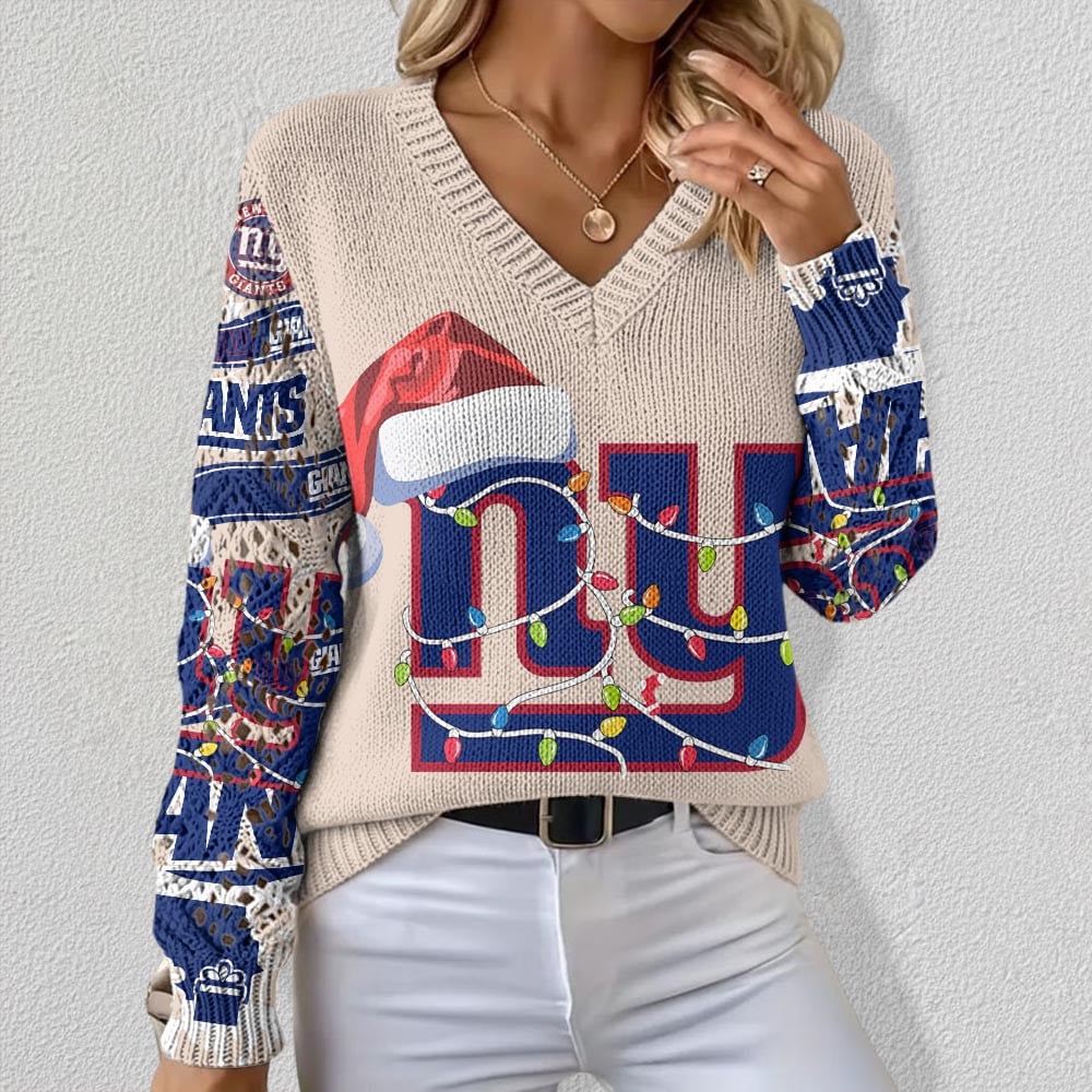 NFL x NYG Christmas Crochet Sleeve V-Neck Sweater HLP