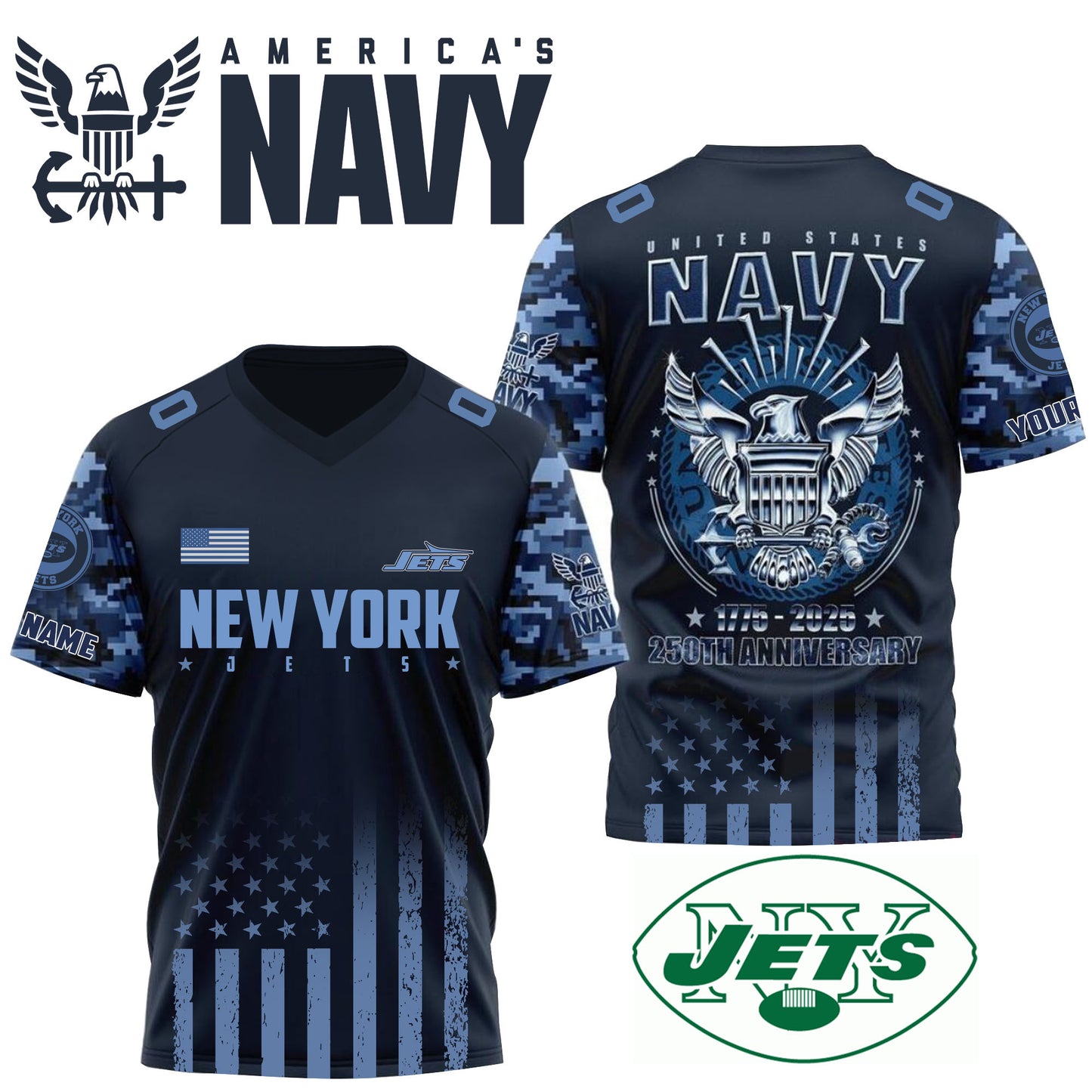 NFL x NYJ U.S Navy 250th Celebration Premium-V-neck Short Sleeve Jersey HLP 271025