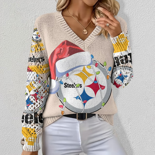 NFL x PIT Christmas Crochet Sleeve V-Neck Sweater HLP