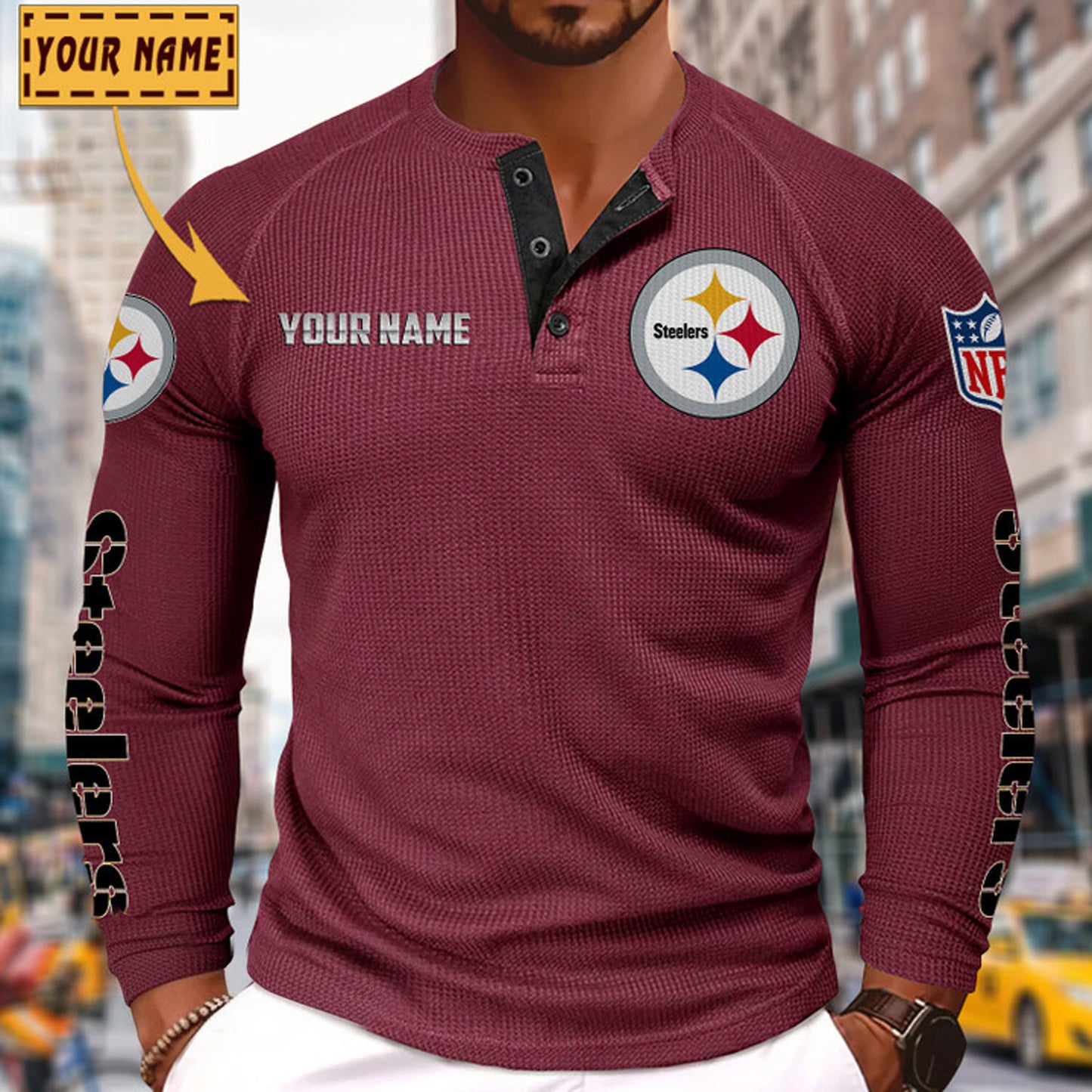 NFL x PIT Solid color long sleeve bottoming shirt henley shirt V1 NAK NHM