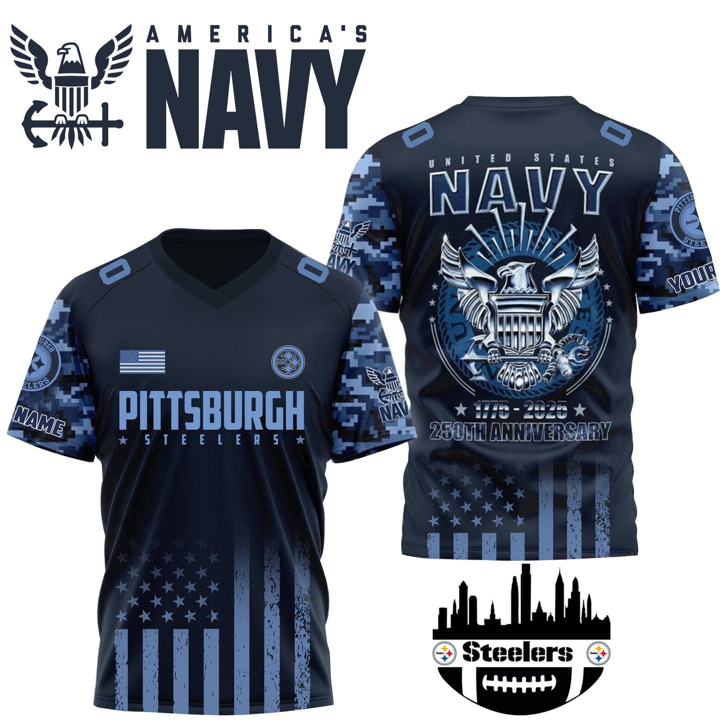 NFL x PIT U.S Navy 250th Celebration Premium-V-neck Short Sleeve Jersey HLP 271025