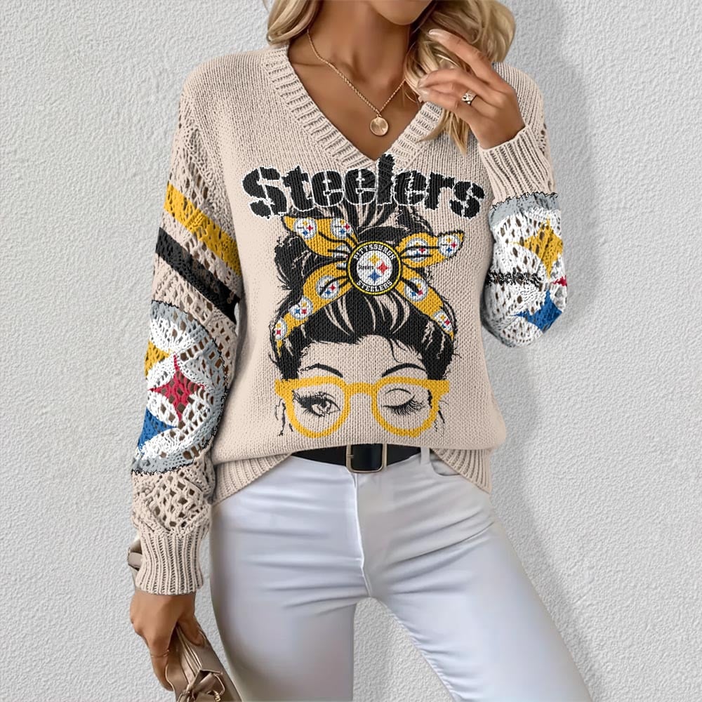 NFL x PIT Woman Crochet Sleeve V-Neck Sweater HLP