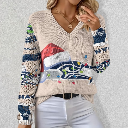 NFL x SEA Christmas Crochet Sleeve V-Neck Sweater HLP