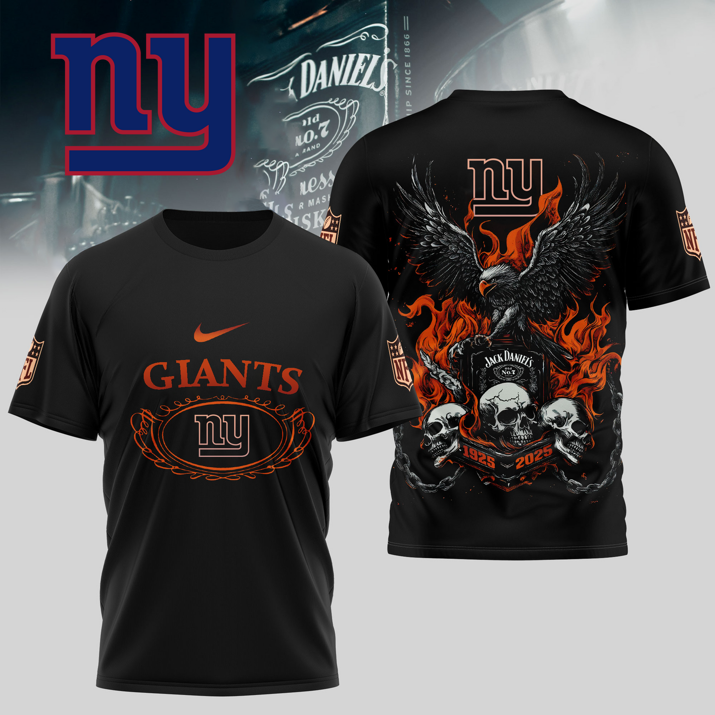 NYG Premium NFL Flaming Eagle Skull T-Shirt DDT CTND