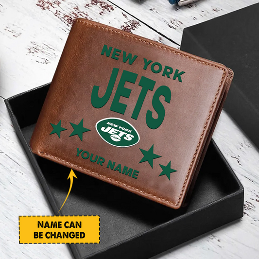 NYJ Football Leather Man Black Brown Wallet Personalized Any Name DATND TANTD