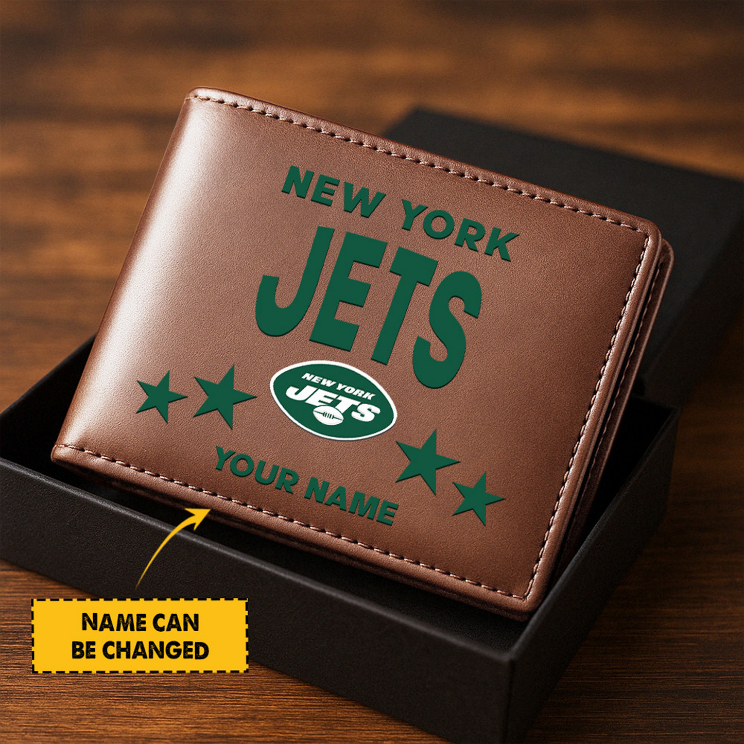 NYJ Football Leather Man Black Brown Wallet Personalized Any Name DATND TANTD