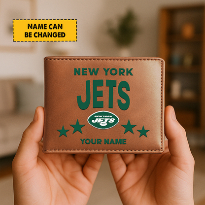 NYJ Football Leather Man Black Brown Wallet Personalized Any Name DATND TANTD