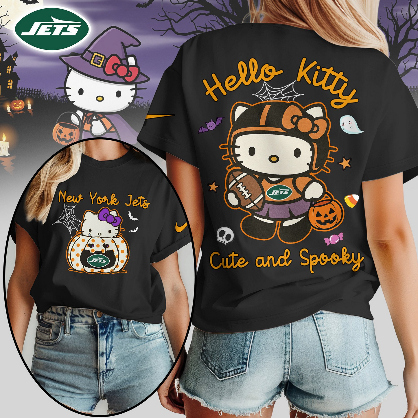 NYJ Premium NFL Hello Kitty Cute & Spooky Halloween Women Shirt DDT CTND