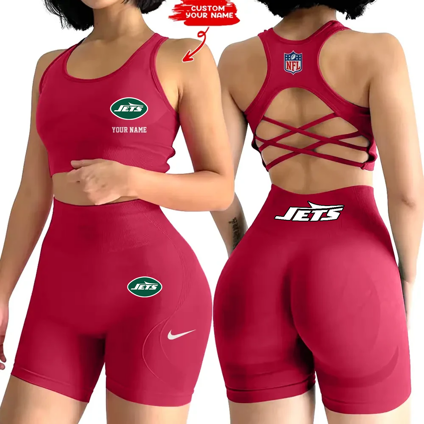 NYJ x NFL 2-PCS Women's Seamless Yoga Set Sexy Sport Bra High Waist Sports Shorts DATND TANTD