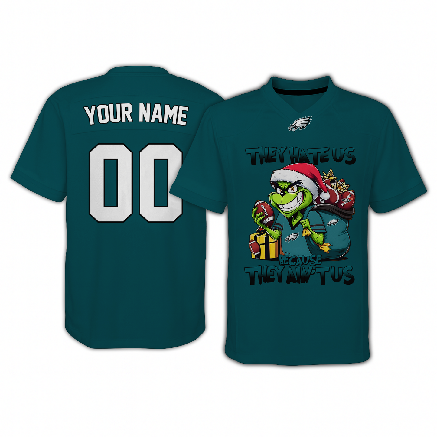 PHI x NFL They Hate Us Because They Ain't Us Grinch Christmas-V-neck Short Sleeve Jersey DatND DVT