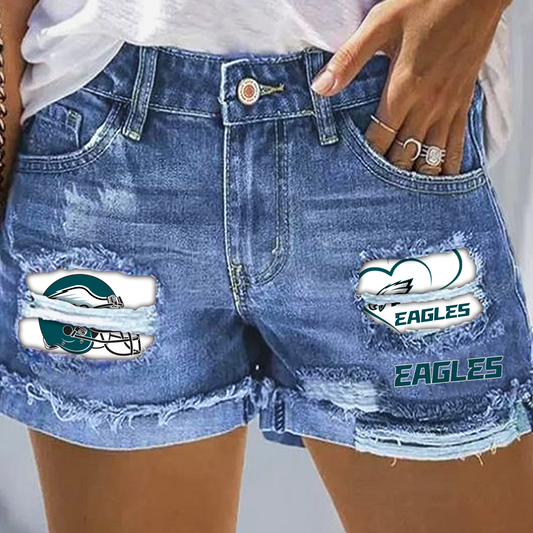 Philadelphia Eagles Rip Print Fashion Denim Shorts DatND DVT