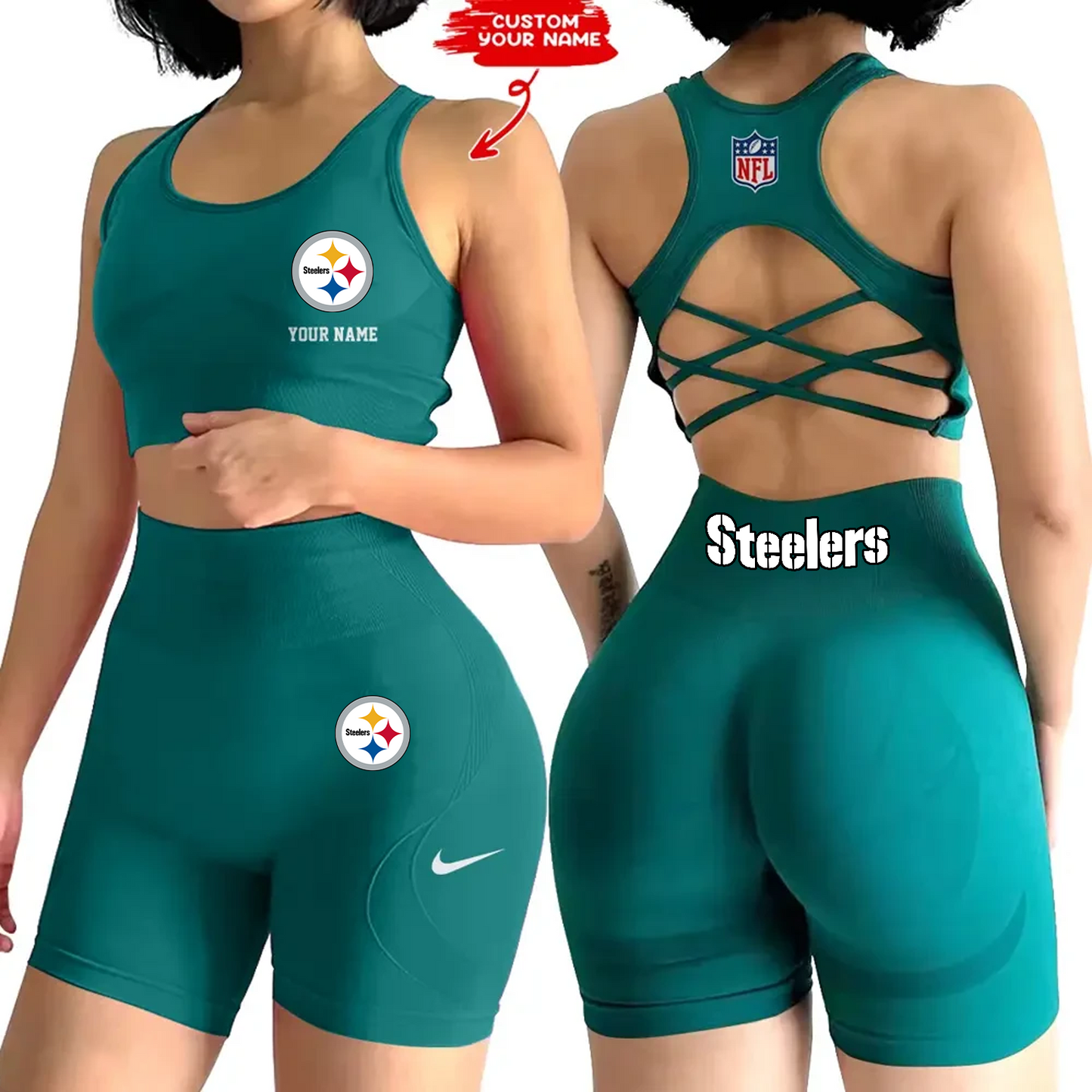 PIT x NFL 2-PCS Women's Seamless Yoga Set Sexy Sport Bra High Waist Sports Shorts DATND TANTD