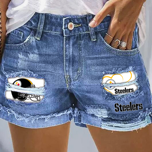 Pittsburgh Steelers Rip Print Fashion Denim Shorts DatND DVT