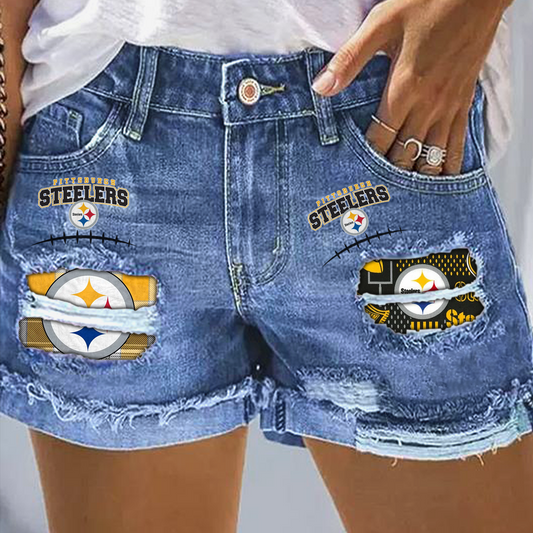 Pittsburgh Steelers Rip Print Fashion Denim Shorts DatND DVT