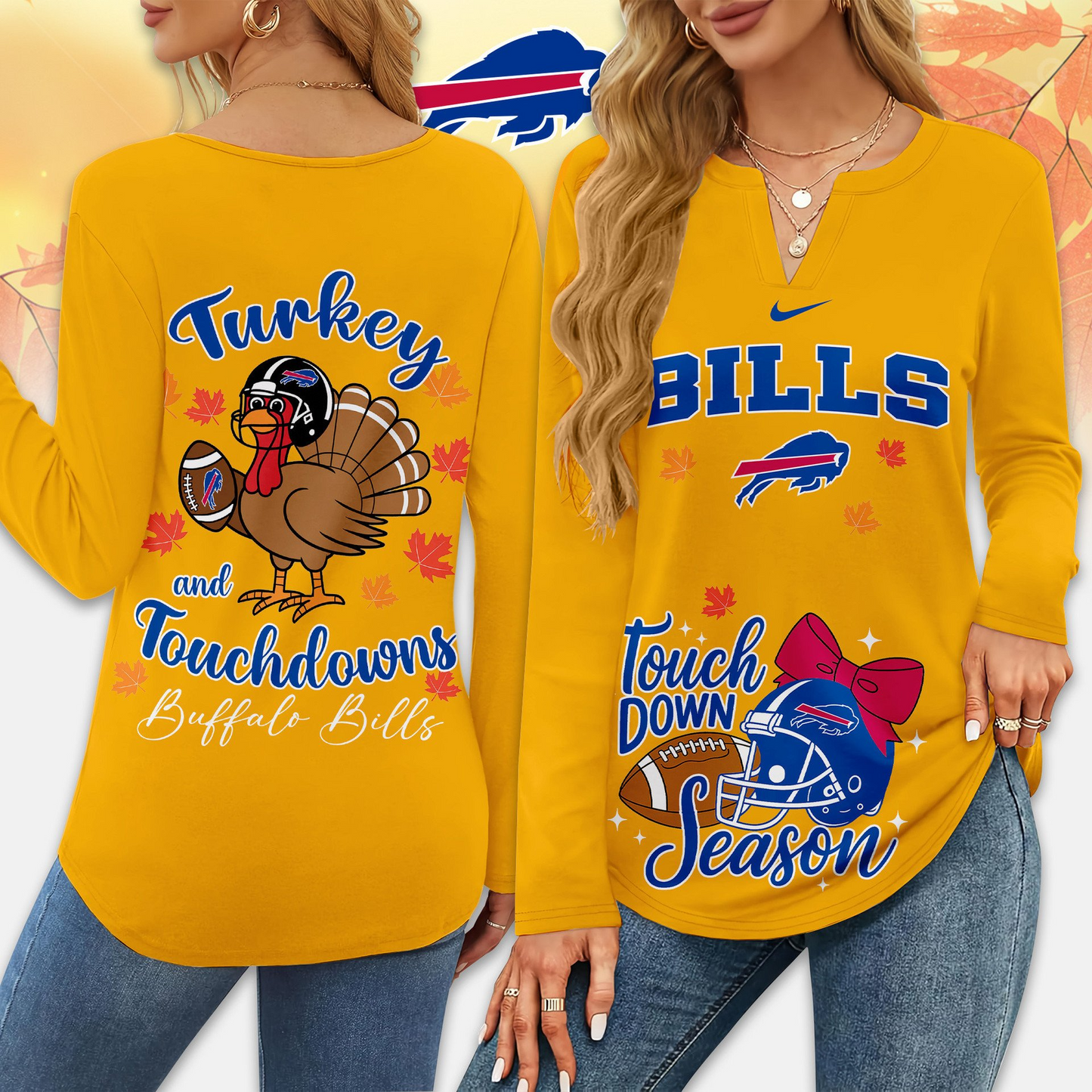 Premium NFL x BUF Turkey and Touchdowns V-neck Long Sleeve Shirt NDT NHM