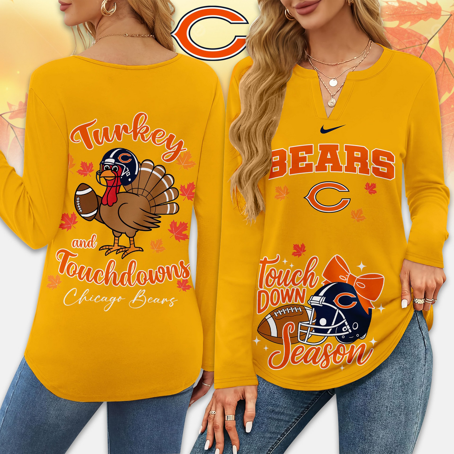 Premium NFL x CHI Turkey and Touchdowns V-neck Long Sleeve Shirt NDT NHM