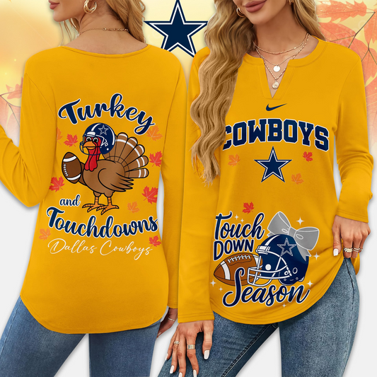 Premium NFL x DAL Turkey and Touchdowns V-neck Long Sleeve Shirt NDT NHM