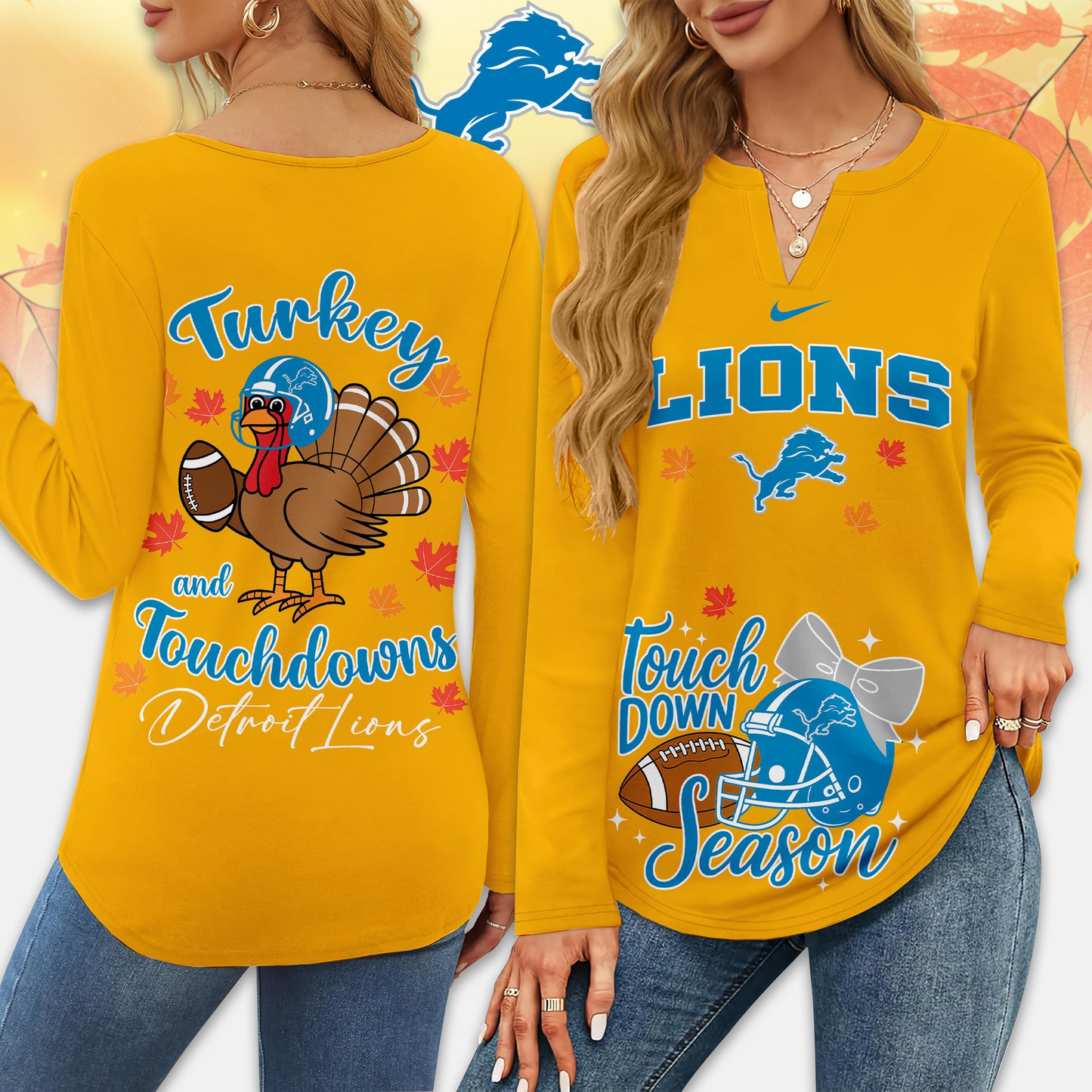 Premium NFL x DET Turkey and Touchdowns V-neck Long Sleeve Shirt NDT NHM