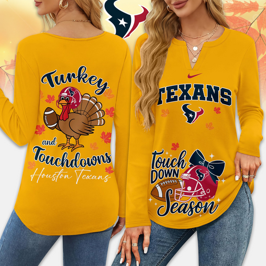 Premium NFL x HOU Turkey and Touchdowns V-neck Long Sleeve Shirt NDT NHM