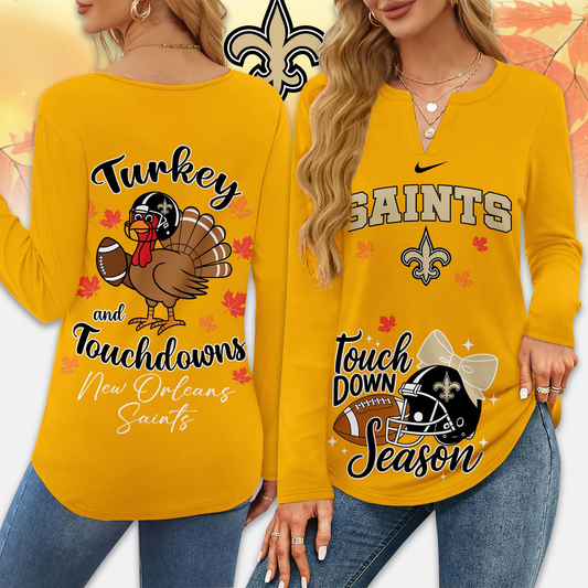 Premium NFL x NO Turkey and Touchdowns V-neck Long Sleeve Shirt NDT NHM