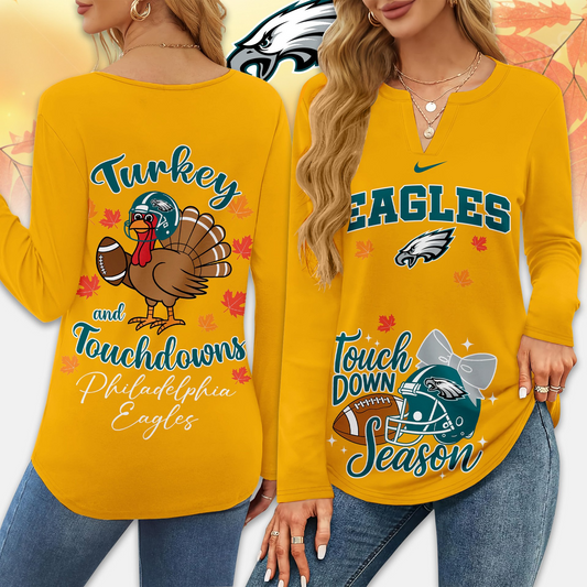Premium NFL x PHI Turkey and Touchdowns V-neck Long Sleeve Shirt NDT NHM