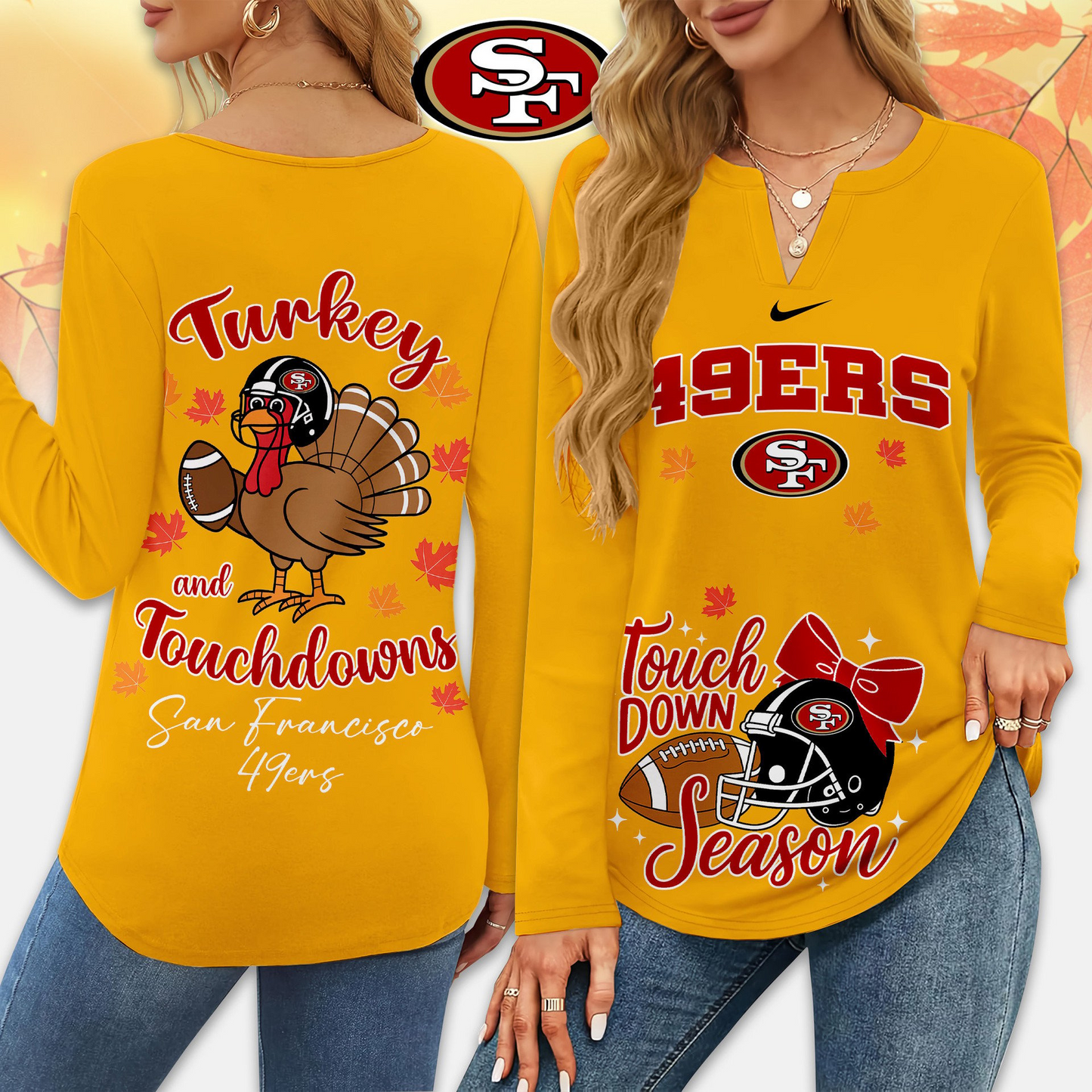 Premium NFL x SF Turkey and Touchdowns V-neck Long Sleeve Shirt NDT NHM
