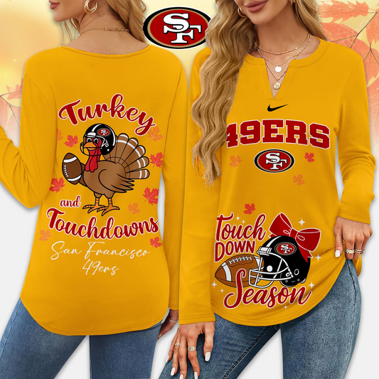 Premium NFL x SF Turkey and Touchdowns V-neck Long Sleeve Shirt NDT NHM