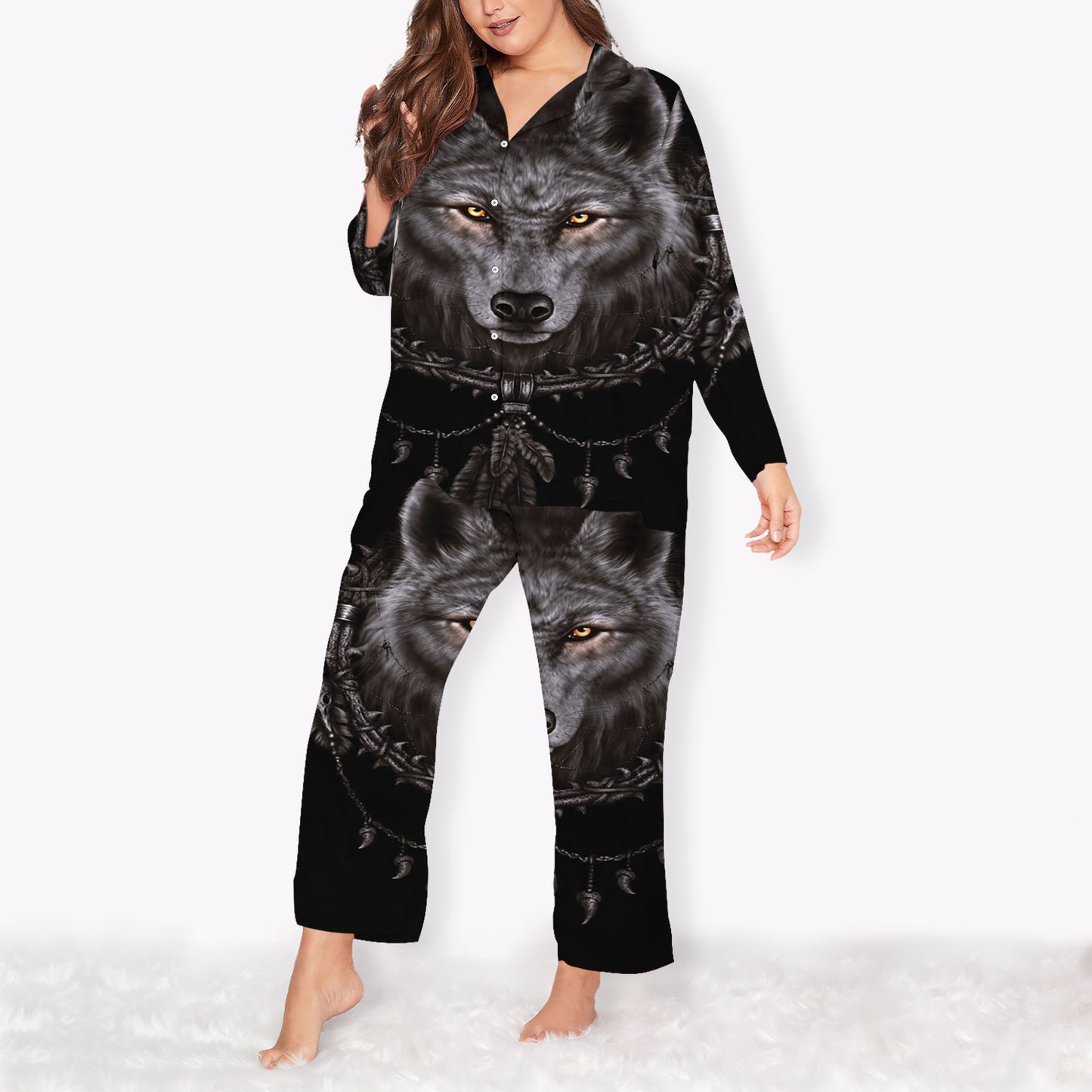 Wolf Black Wolf Plus Size Pajama Set | Silk Chiffon Pajamas | Sleepwear Sets | Soft Long Sleeve Silk Pjs | Women Oversized Pyjamas