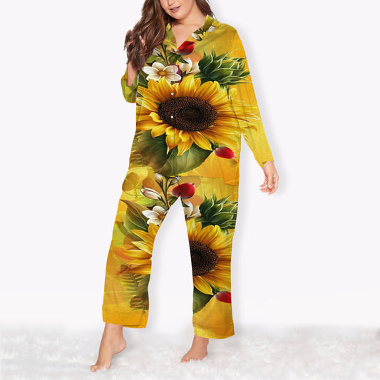Yellow Sunflower Plus Size Pajama Set | Silk Chiffon Pajamas | Sleepwear Sets | Soft Long Sleeve Silk Pjs | Women Oversized Pyjamas
