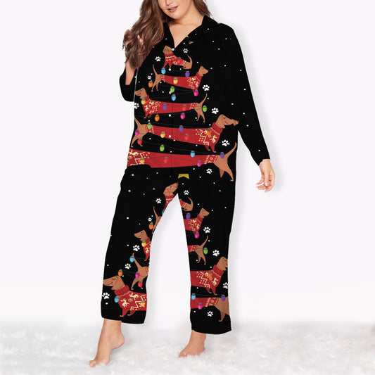 Dachshund Dog Christmas Tree Plus Size Pajama Set | Silk Chiffon Pajamas | Sleepwear Sets | Soft Long Sleeve Silk Pjs | Women Oversized Pyjamas
