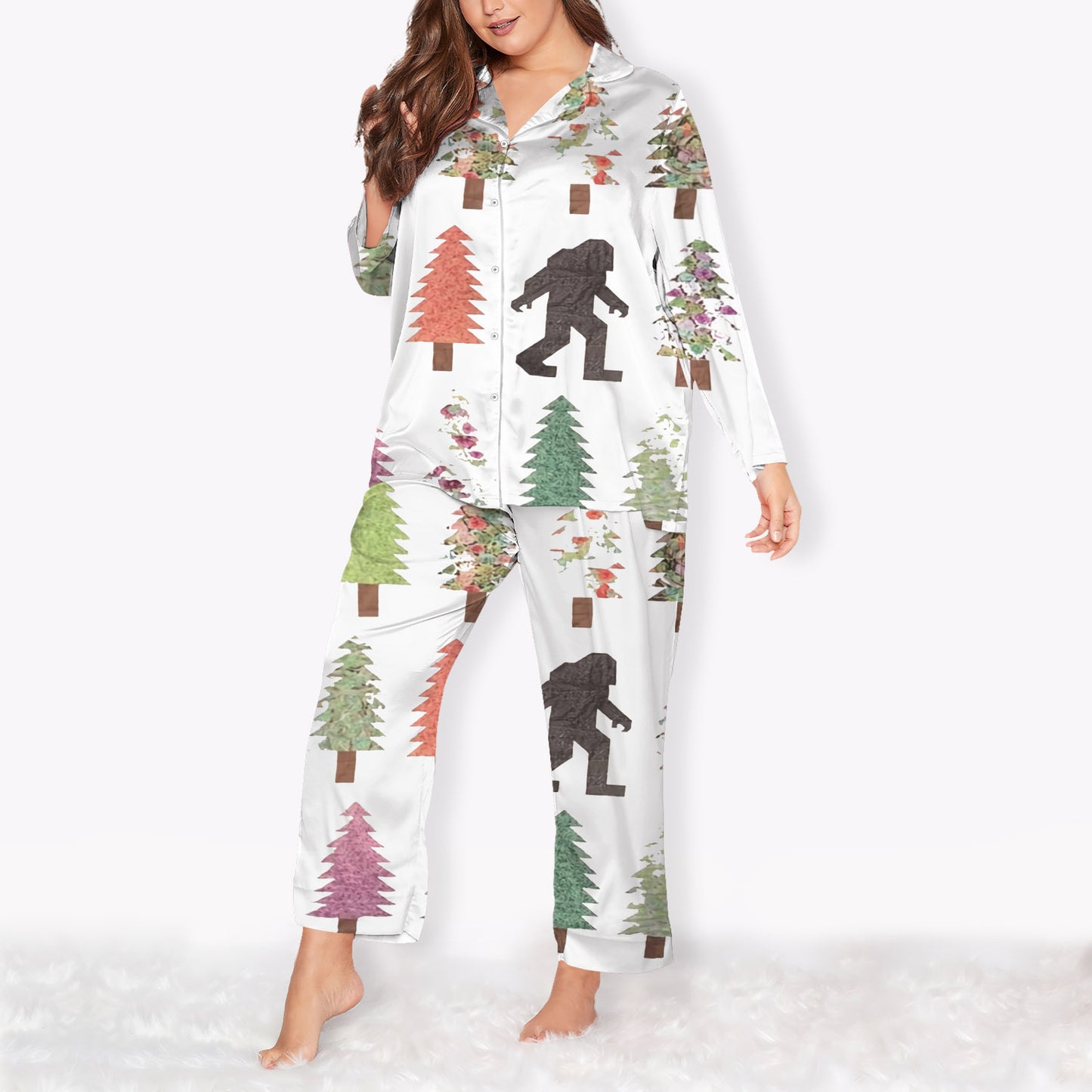 Pine And Big Foot Plus Size Pajama Set | Sleepwear | Long Sleeve Pjs | Oversized Pyjamas
