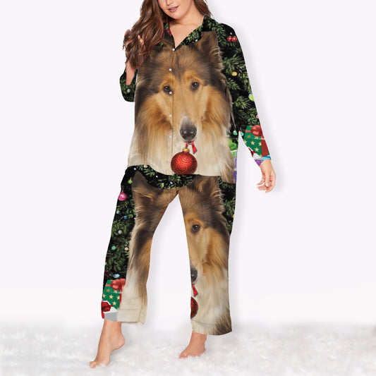Shetland Sheepdog Christmas Plus Size Pajama Set | Silk Chiffon Pajamas | Sleepwear Sets | Soft Long Sleeve Silk Pjs | Women Oversized Pyjamas