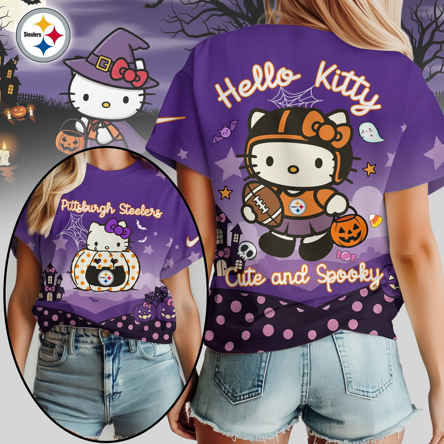 PS Premium NFL Hello Kitty Cute & Spooky Halloween Women Shirt DDT CTND