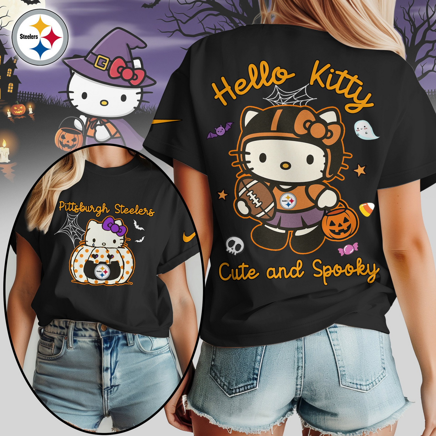 PS Premium NFL Hello Kitty Cute & Spooky Halloween Women Shirt DDT CTND