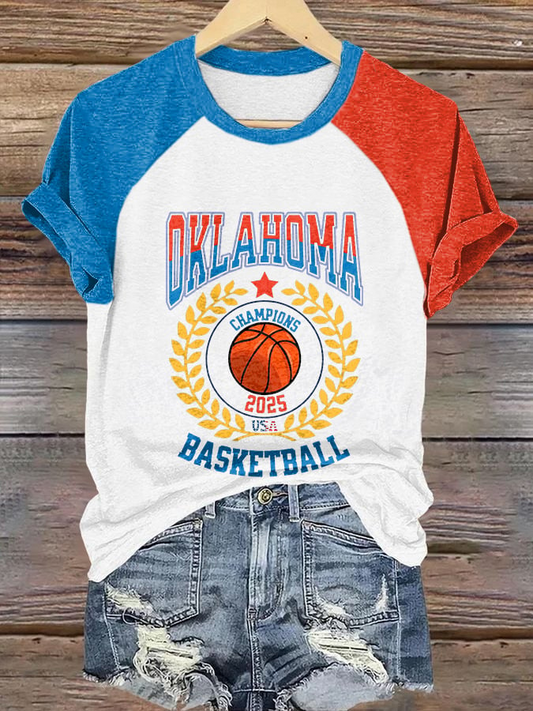 Retro Raglan Sleeves Color Block Oklahoma Basketball 2025 Champions USA Print T-Shirt DDT NTL