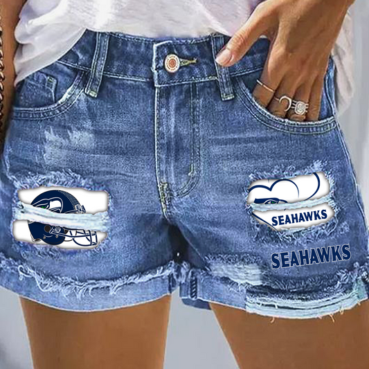 Seattle Seahawks Rip Print Fashion Denim Shorts DatND DVT