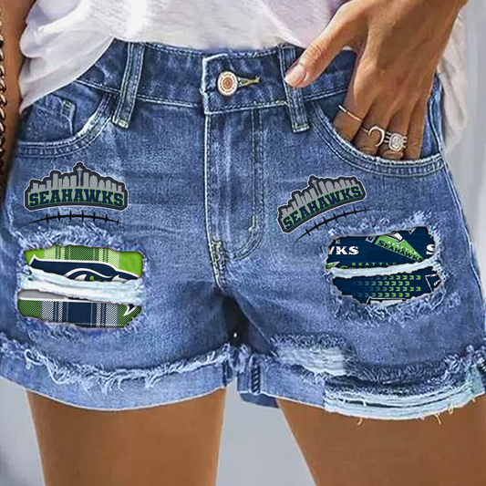 Seattle Seahawks Rip Print Fashion Denim Shorts DatND DVT