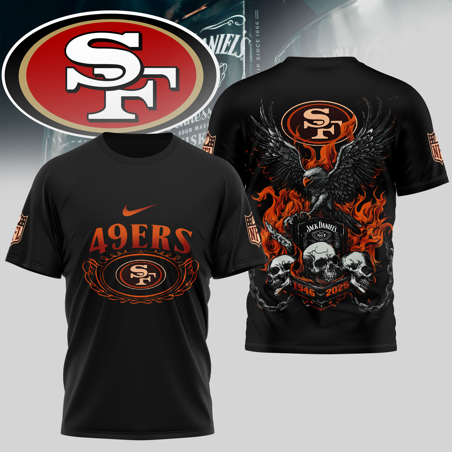 SF49 Premium NFL Flaming Eagle Skull T-Shirt DDT CTND