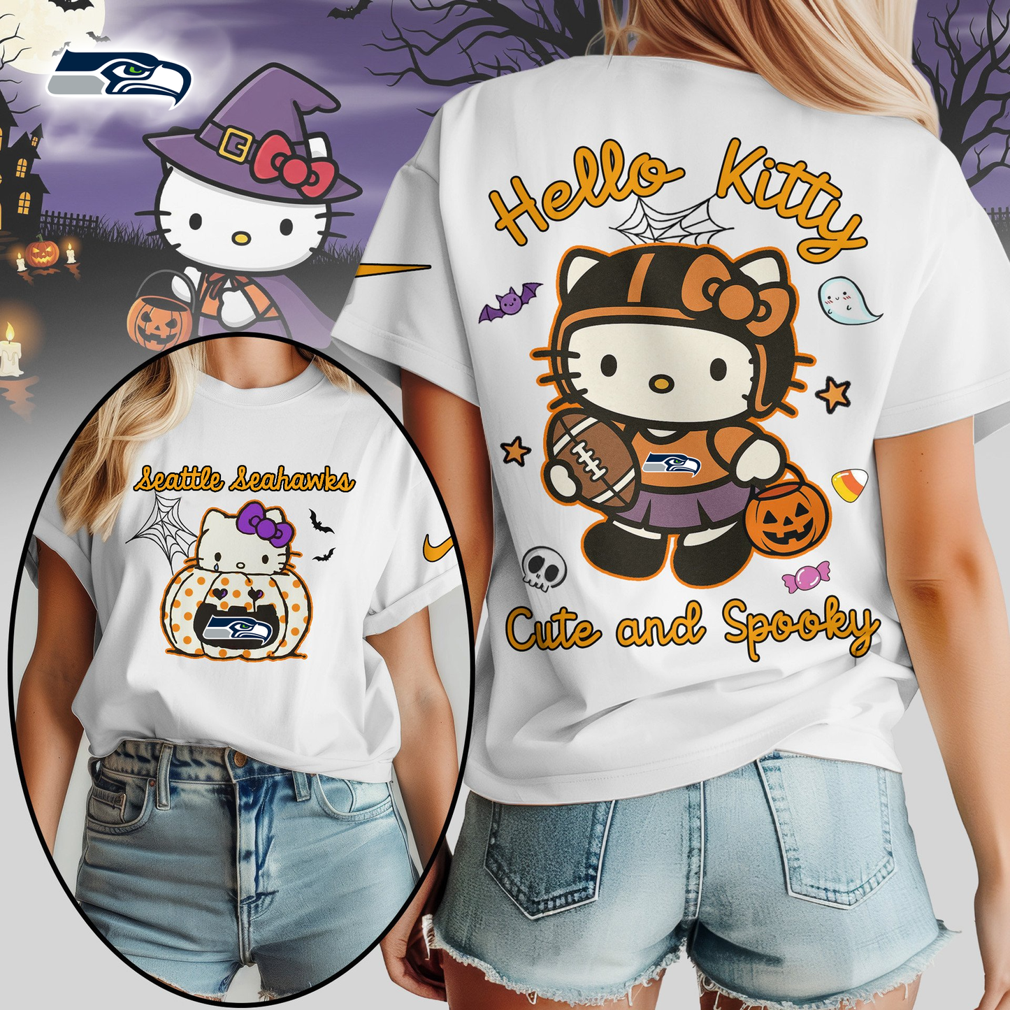 SS Premium NFL Hello Kitty Cute & Spooky Halloween Women Shirt DDT CTND