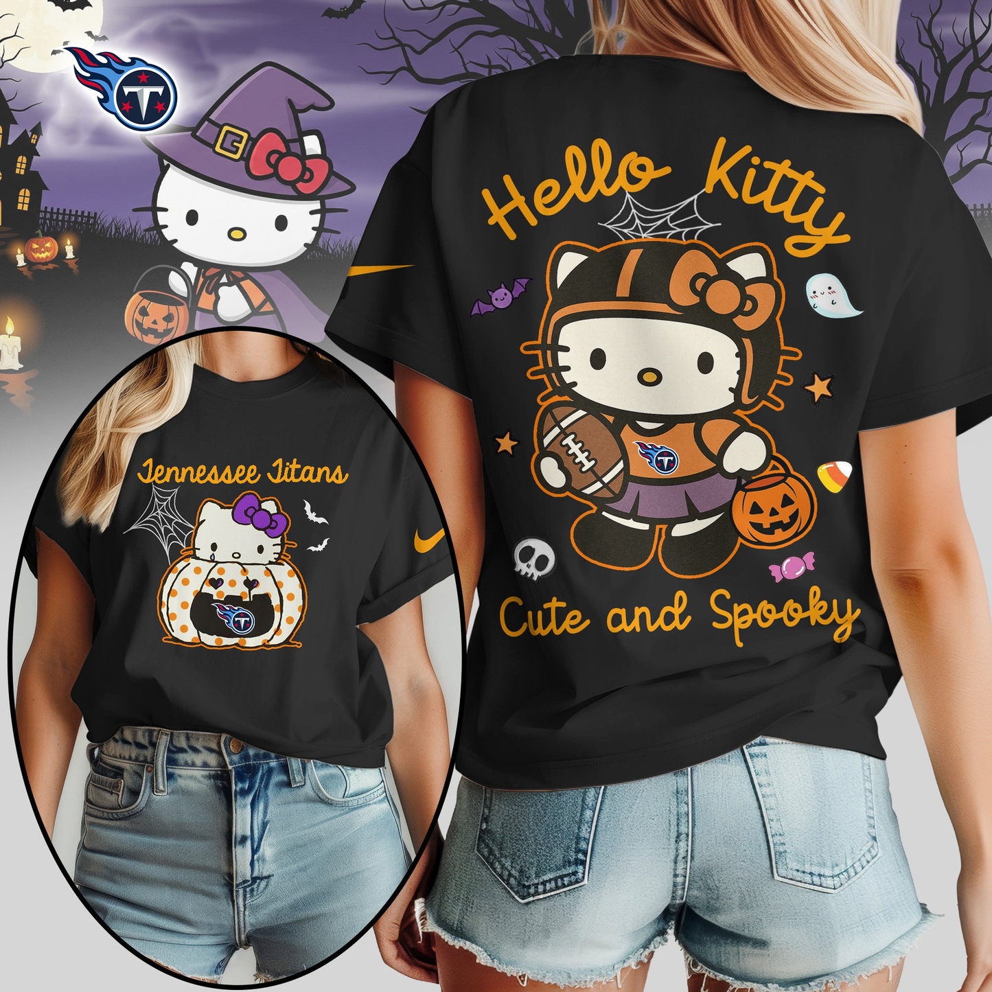 TT Premium NFL Hello Kitty Cute & Spooky Halloween Women Shirt DDT CTND