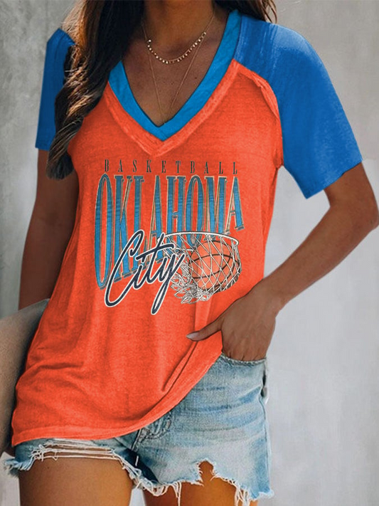 V-Neck Retro Color Block Oklahoma Basketball 2025 Champions Print T-Shirt DDT NTL