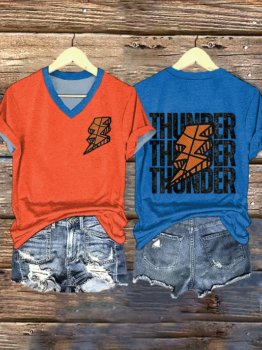 V-Neck Retro Double-Sided Color Block Oklahoma Basketball 2025 Champions Print T-Shirt DDT NTL