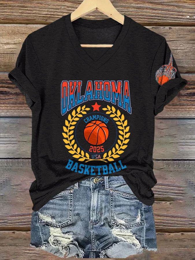 V-Neck Retro Oklahoma Basketball 2025 Champions USA Print T-Shirt DDT NTL