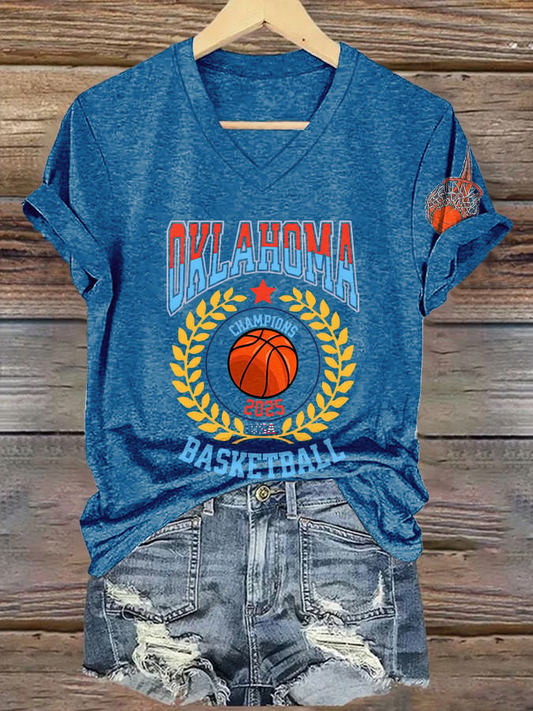 V-Neck Retro Oklahoma Basketball 2025 Champions USA Print T-Shirt DDT NTL
