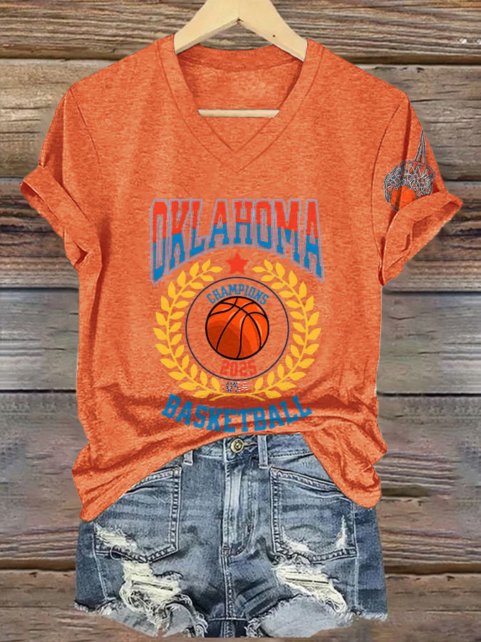 V-Neck Retro Oklahoma Basketball 2025 Champions USA Print T-Shirt DDT NTL