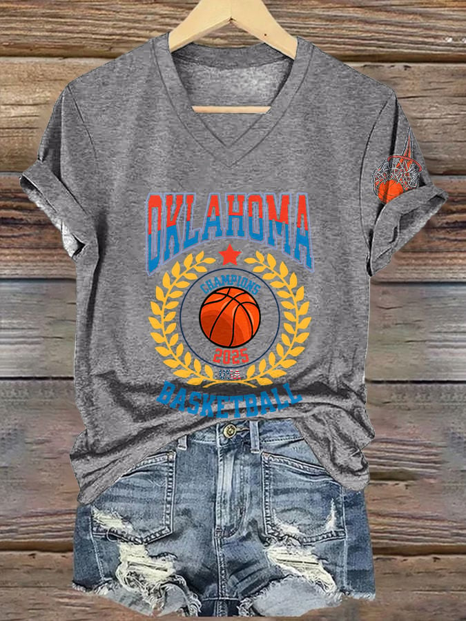 V-Neck Retro Oklahoma Basketball 2025 Champions USA Print T-Shirt DDT NTL