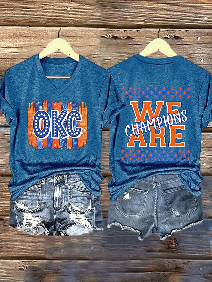 V-Neck Retro Oklahoma City Basketball We Are Champions Print T-Shirt DDT NTL