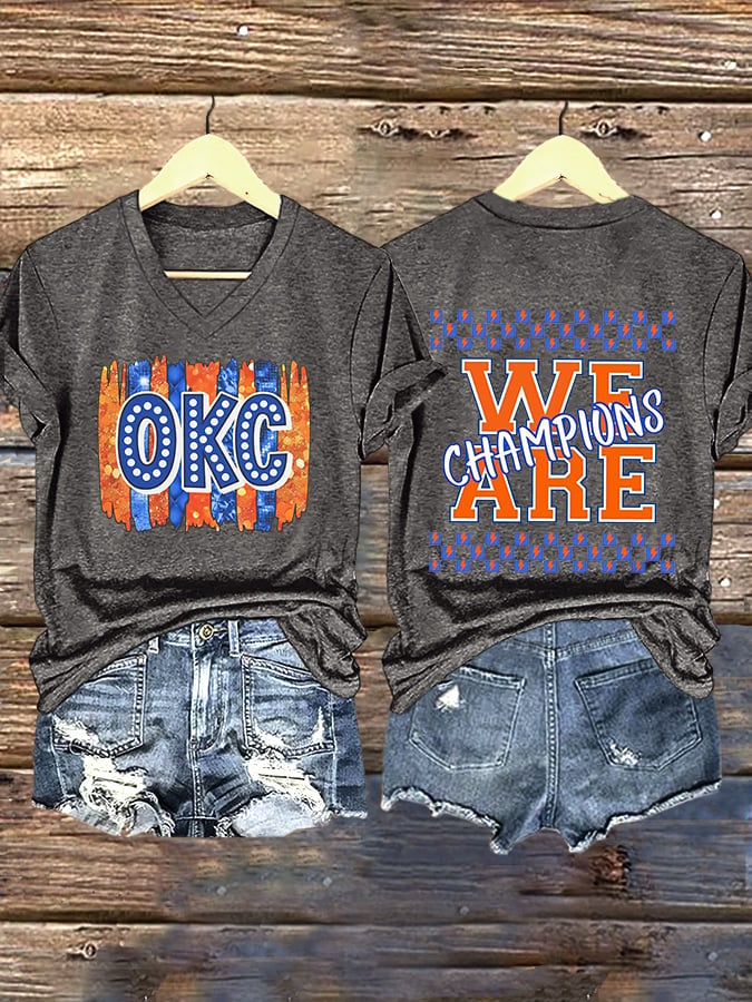 V-Neck Retro Oklahoma City Basketball We Are Champions Print T-Shirt DDT NTL