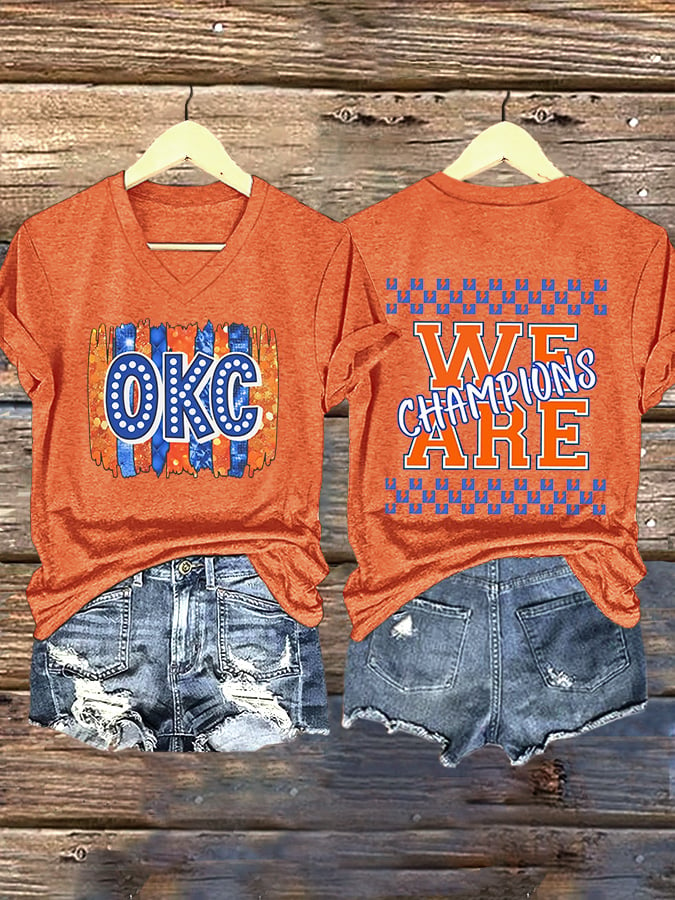 V-Neck Retro Oklahoma City Basketball We Are Champions Print T-Shirt DDT NTL