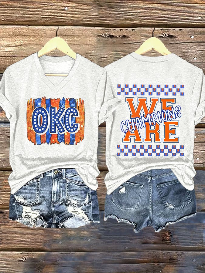 V-Neck Retro Oklahoma City Basketball We Are Champions Print T-Shirt DDT NTL